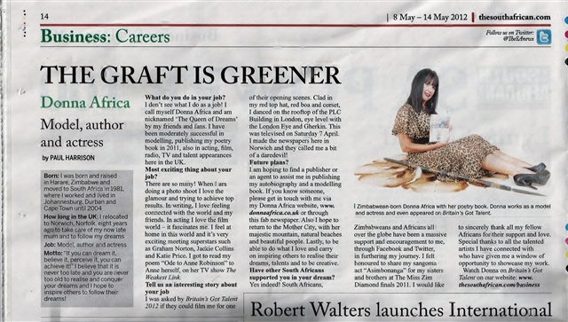 Me featured in the South African Newspaper 8th - 14th May 2012