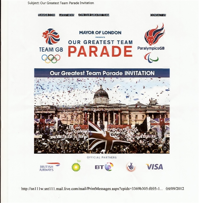 My Officail Invitation to attaend as their guest at The Mall, London for TEAMGB and PARALYMPICSGB Parade 10th Sept 2012