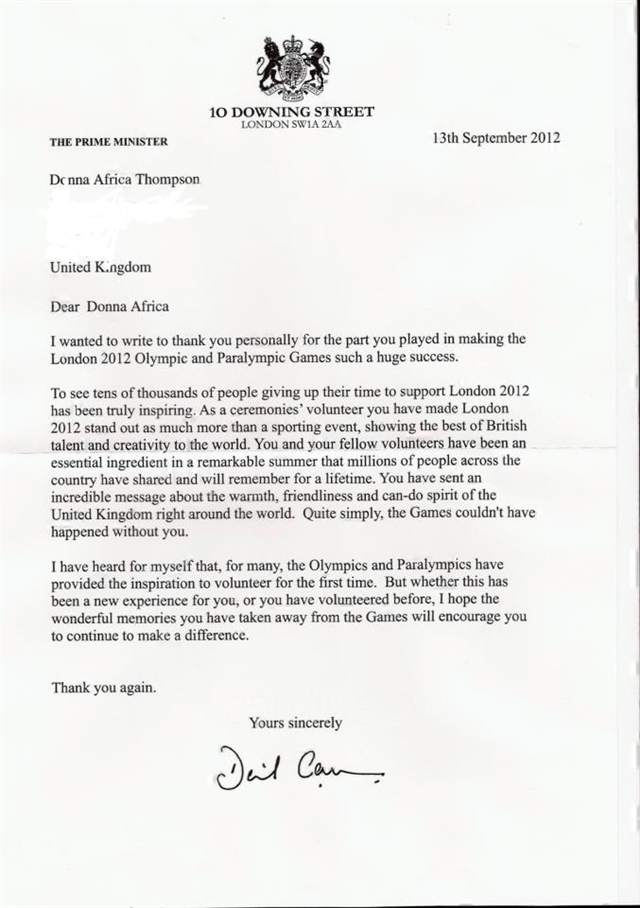 My thank you letter from the Prime Minister 10 Downing Street