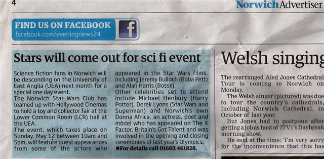 I am featured in The Norwich Advertiser about my apperance at the Sci-Fi Film Convention 12 May 2013