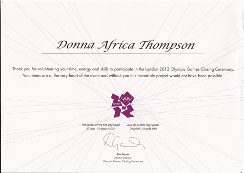 My Thank you Certificate for my participation & volunteer in the London 2012 Olympic Games Closing Ceremony