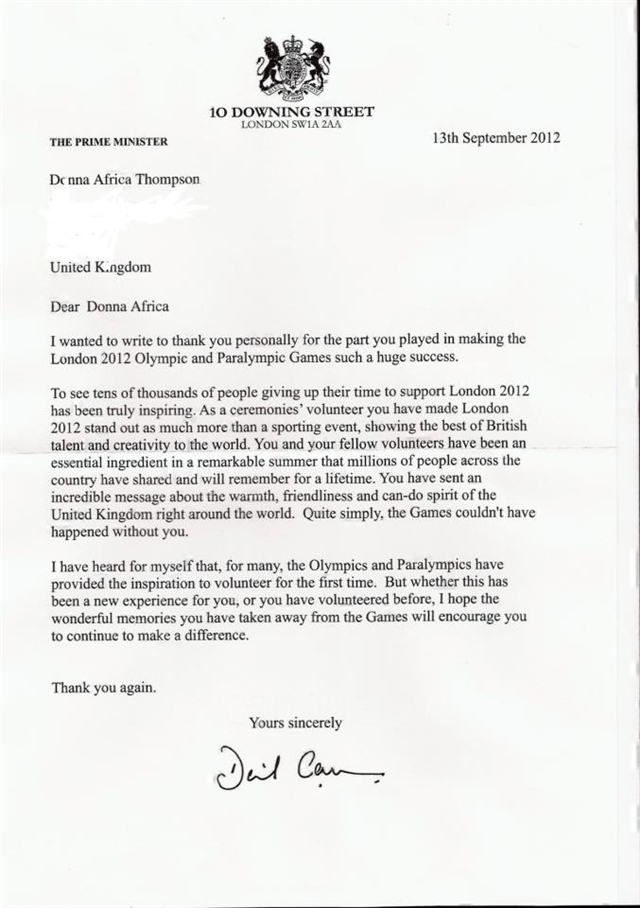 My letter from the PM David Cameron 10 Downing Street thanking me for my participation in The London 2012 Olympic games 2012