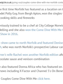 I get a mention about my TV Appearances in Come Dine With Me, XFactor and Channel 5 Benefits in EDP24 Today 3rd July 2019