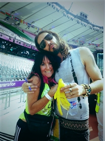 Russell Brand & I share a hug during rehearsals at the London 2012 Closing Ceremony 12th Aug 2012