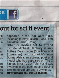 I am featured in The Norwich Advertiser about my appearance as a guest at the UEA Sci-fI & Film Convention 12th April 2013