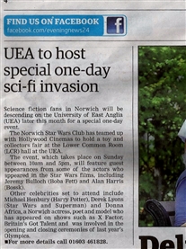 My Press coverge in Norwich Advertiser newspaper about my Celeb Arrendance at the Norwich Sci-fi Film UEA Event 10 June 2013