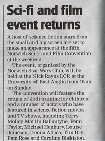 Norwich Evening News 3rd June 2014 Guest at 5th Norwich Sci-fi & Film Event